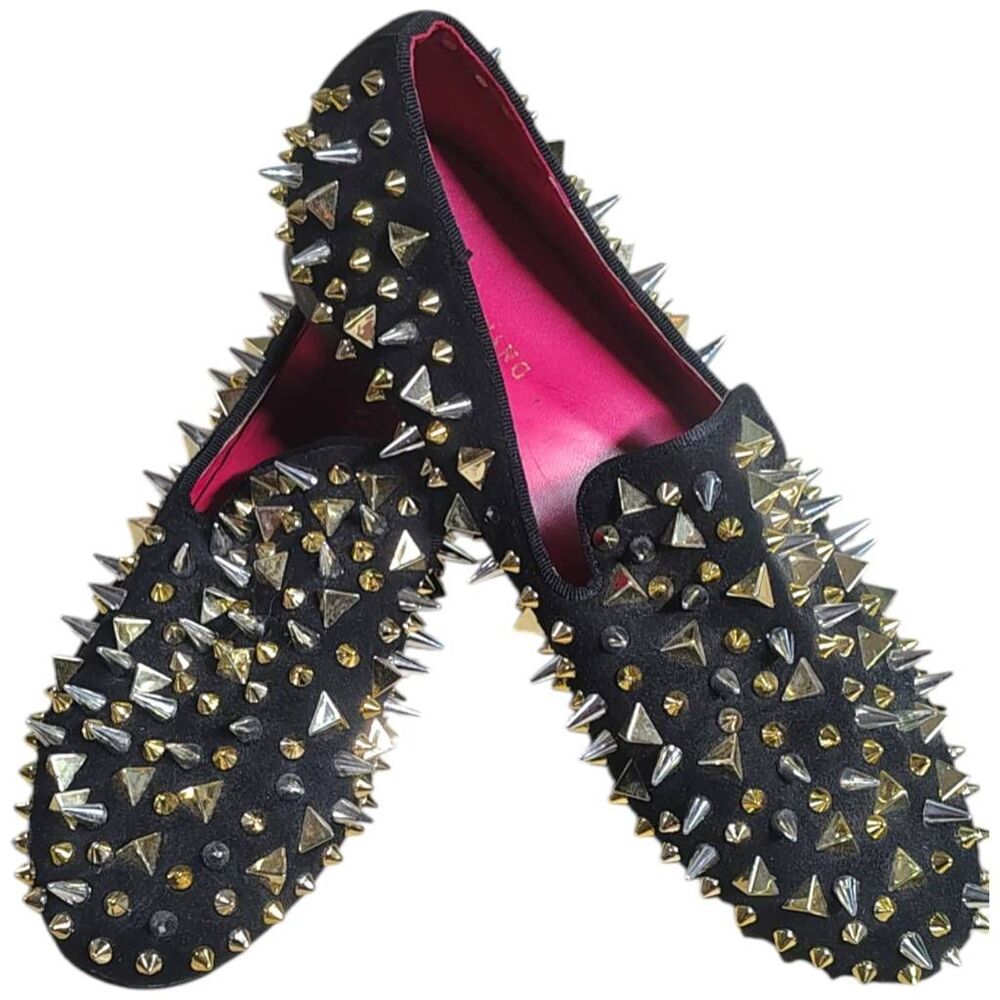 Azalea Wang Studded Spike Loafers Black Gold Silver Embellished Flats Size 8.5 S